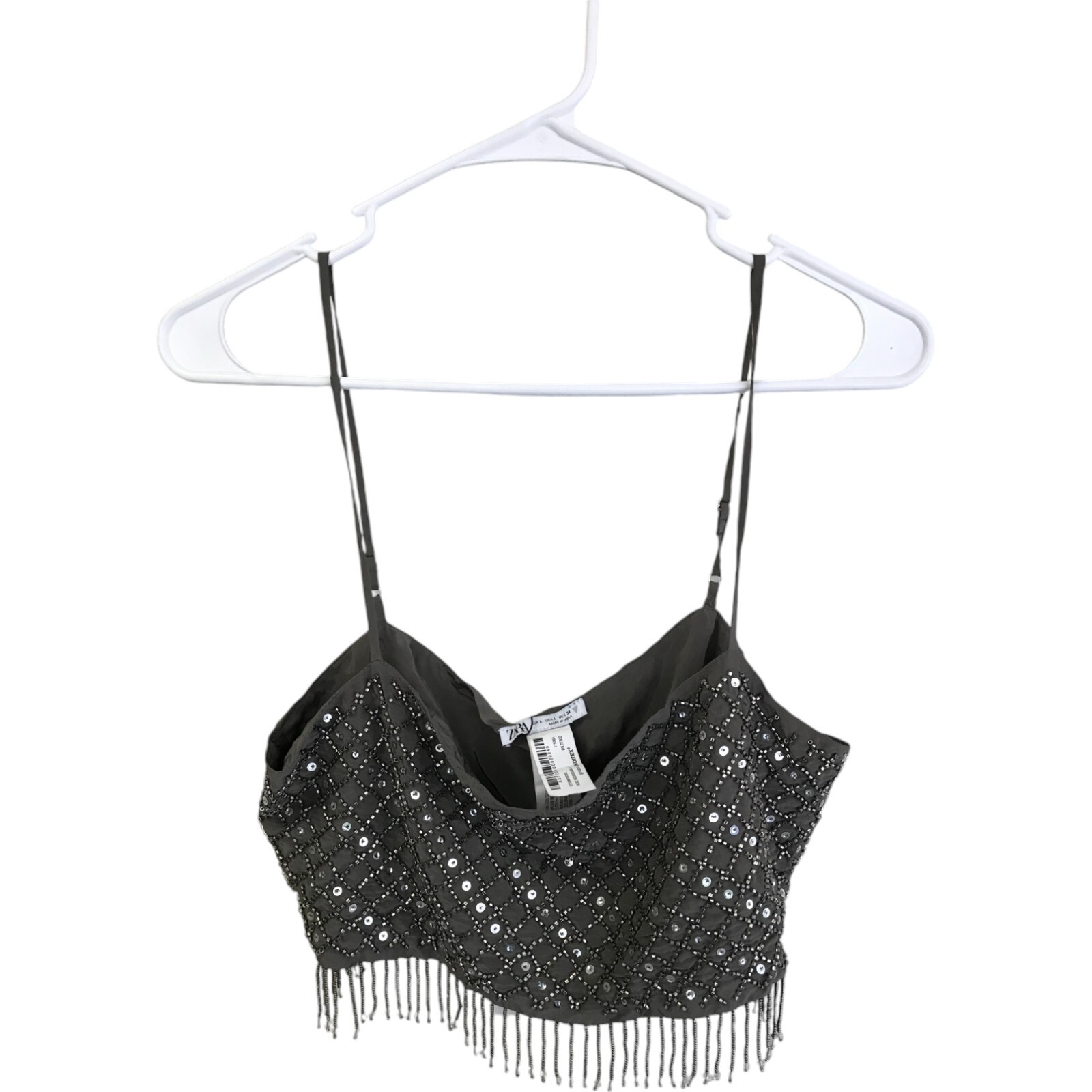 Zara Womens Tank Top L Gray Sequined Beaded Fringe Hem Lined Zara Womens Tank Top L Gray Sequined Beaded Fringe Hem Lined