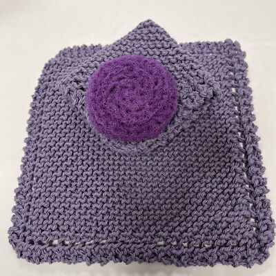 Hand Knit Dish Cloth Set of 2 Plus Scrubbie 100% Cotton Purple Kitchen Gift