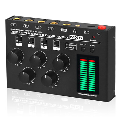 4 Channel Mono/Stereo Audio Mixer w/LED Level Meter Ultra Low-Noise Line Mixing