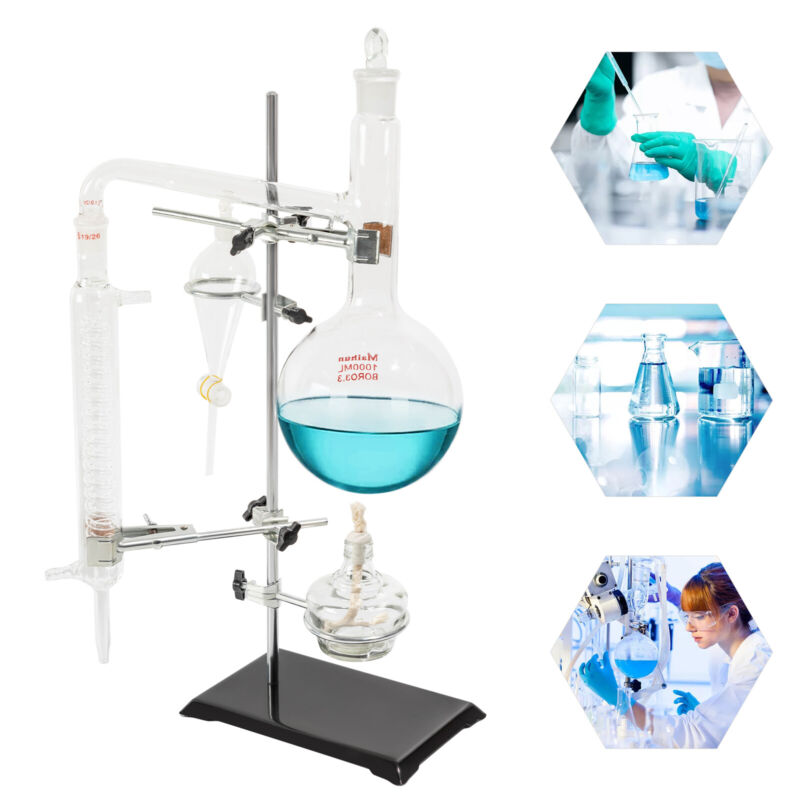 1000ml Distillation Apparatus Kit Chemistry Lab Essential Oil Distilling Glass