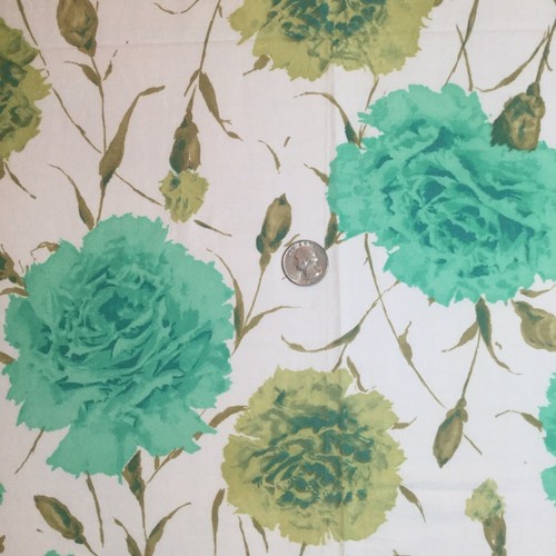 1.75 Yds Mid Century COTTON SATEEN FABRIC Carnation Print Olive Green Aqua White