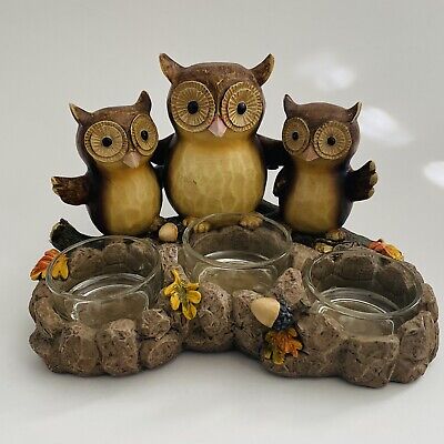 Yankee Candle Triple Owl Tea-Light Candle Holder Brown Autum Fall Owls 2012