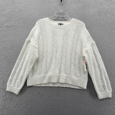 1.STATE Womens Ivory Sequin Pointelle Knit Crewneck Sweater Medium NEW