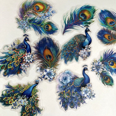 Blue Peacock Stickers  Holographic Foil Scrapbooking Collage Journals Cardmaking