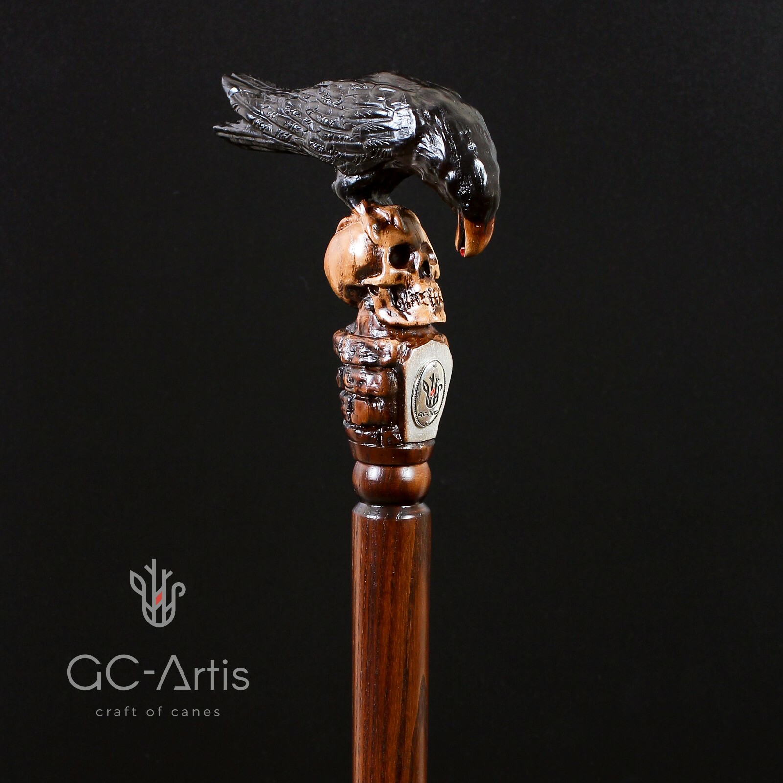 Black Crow & Skull  Wooden Walking Cane Stick Goth style gravestone