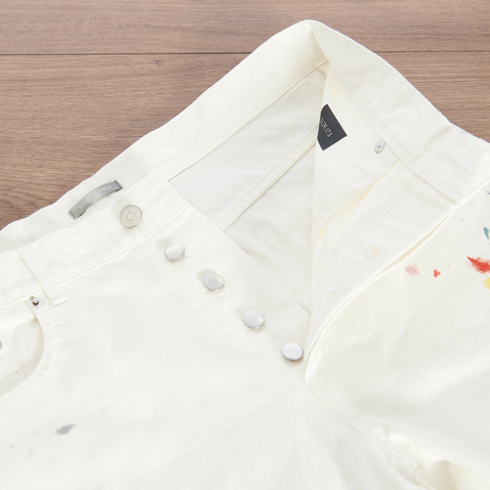 Pre-owned Dior 1200$ Slimfit White Cotton Denim Jeans - Multicolor Paint Spots, Pants