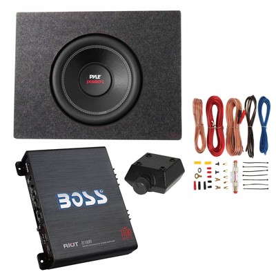 Pyle 10'' 1000W DVC Subwoofer + Q Power Truck Enclosure + Boss 1100W AB Amplifier