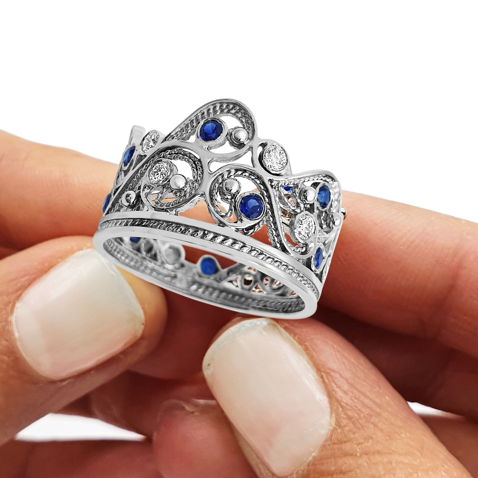 Pre-owned Handmade Deluxe 14k White Gold Blue Sapphire Lavender Stone Filigree Crown Ring