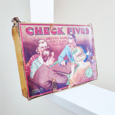 1920s Vintage Check Fives Board Game: Wooden Pegs, Family Parlour Game