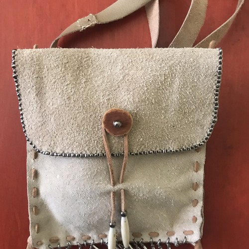 HIPPIE STYLE BUFF SUEDE LEATHER ~ POUCH FRINGE BEADED/BUTTON CLOSURE/HANDMADE