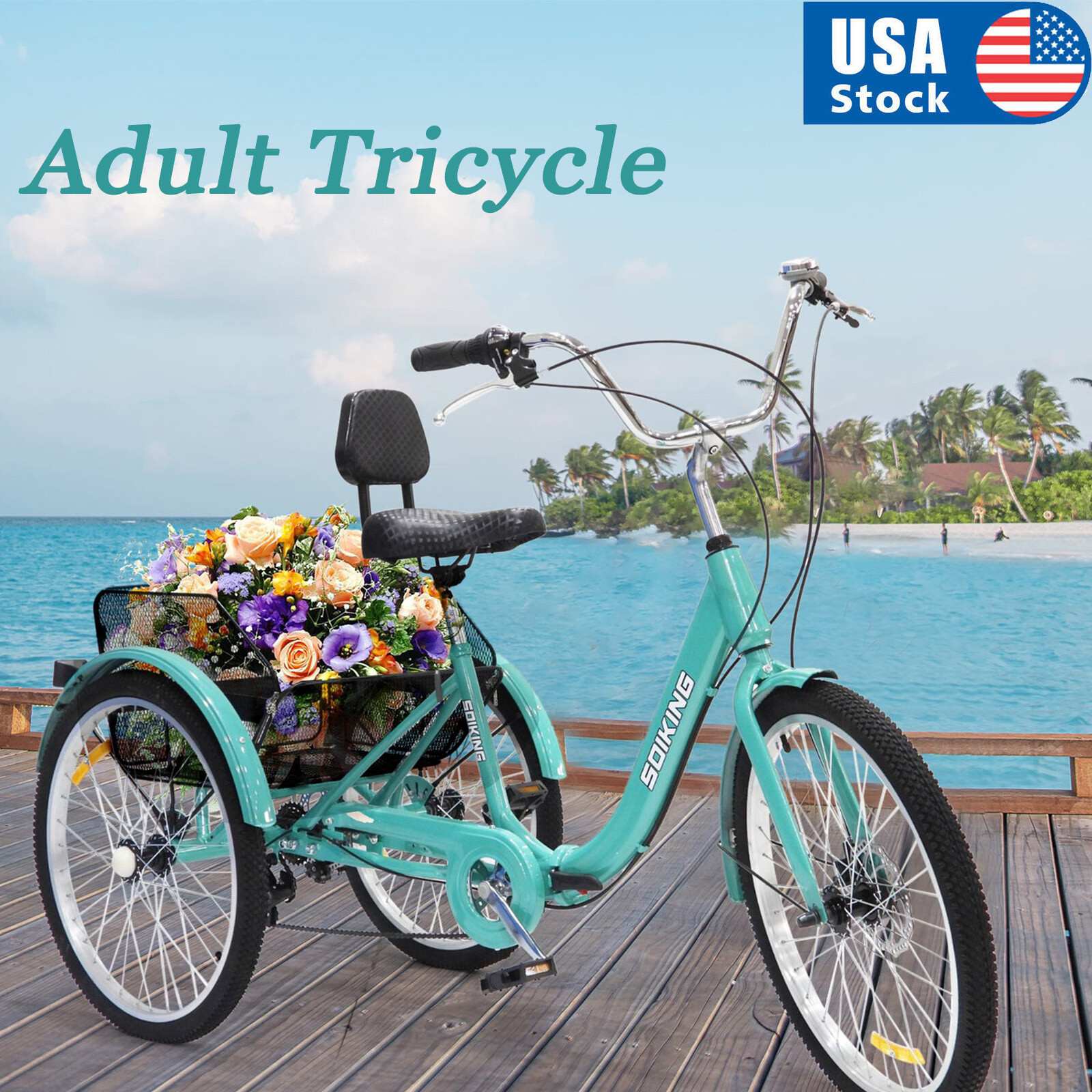 24 Inch 7-Speed Adult Tricycle With Basket Cruising Tricycle