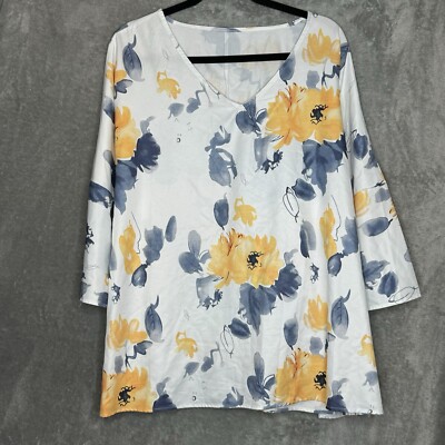 Amazon 4X Shirt Top White Yellow Floral Flower 3/4 Sleeve V Neck Womens
