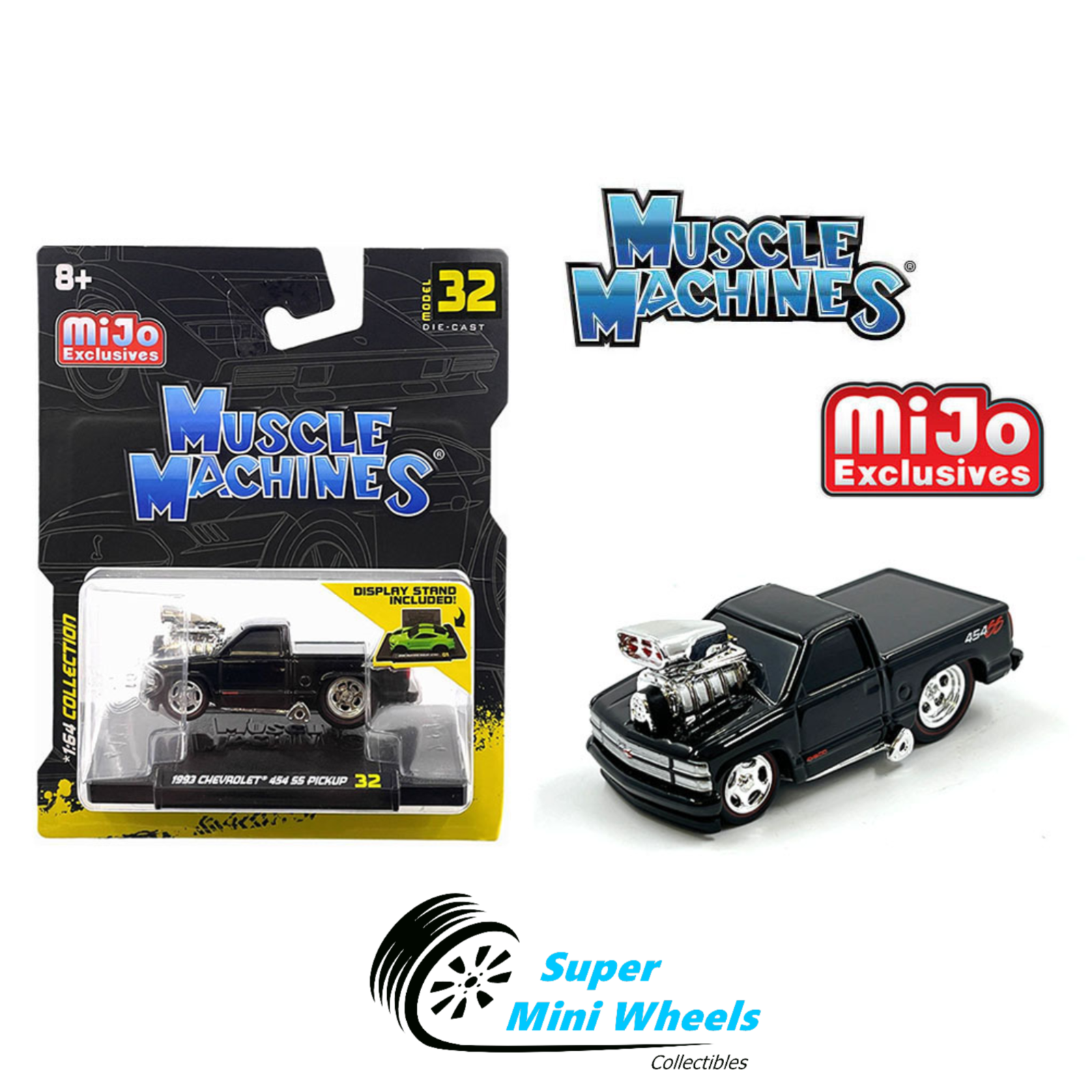 Muscle Machines 1:64 1993 Chevrolet 454 SS Pickup Truck Black - Mijo Exclusive Muscle Machines 1:64 1993 Chevrolet 454 SS Pickup Truck Black - Mijo Exclusive