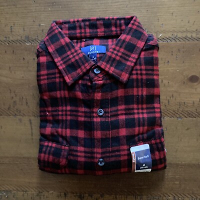 George Men's Long sleeve Flannel Red Mark Plaid Button Down Shirt-Medium (38-40)