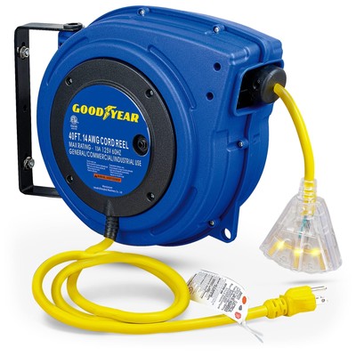 GOODYEAR Extension Cord Reel Extra Long 40 ft 14AWG 3C SJTOW, Triple Tap Conn...