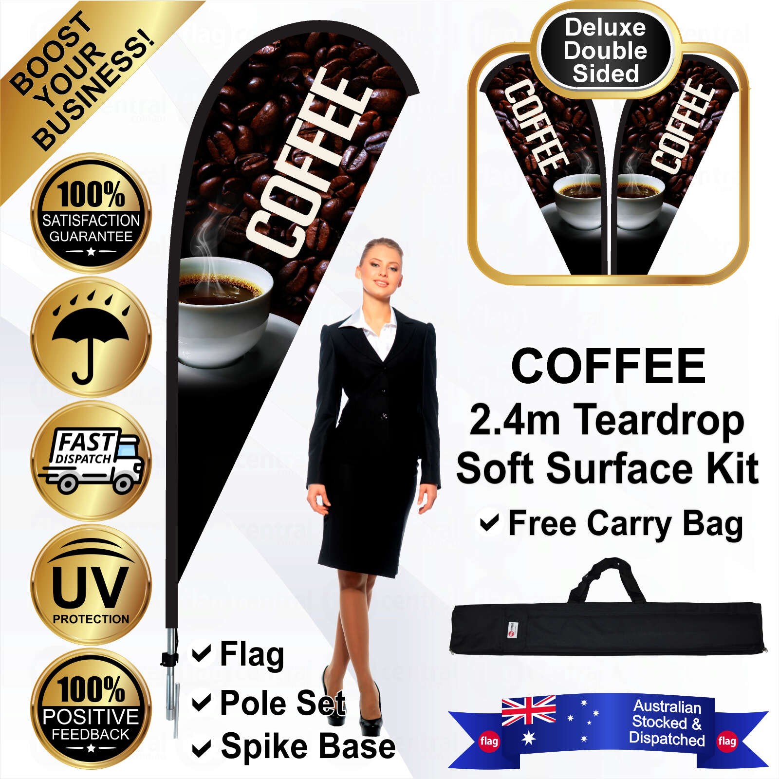 COFFEE Deluxe Double-Sided Brown 2.4m Teardrop Flag / Banner Kit with Pole Set, Galvanised Steel Ground Spike and a Free Carry Bag