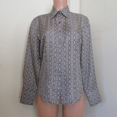 ANN TAYLOR SILK BLUE MULTI-COLOR GEOMETRIC PRINT LONG SLEEVE BLOUSE, SIZE M