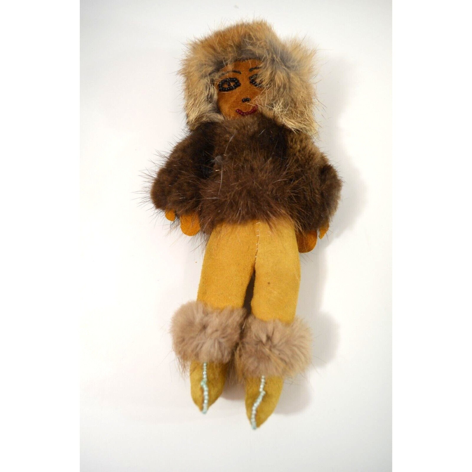 Inuit Eskimo Woman Leather Beaded Face Fur Clothing Vintage Canada Handmade 9"