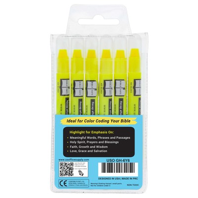 6 Yellow Bible Safe Gel Highlighters, Bright Neon Fluorescent Color Markers