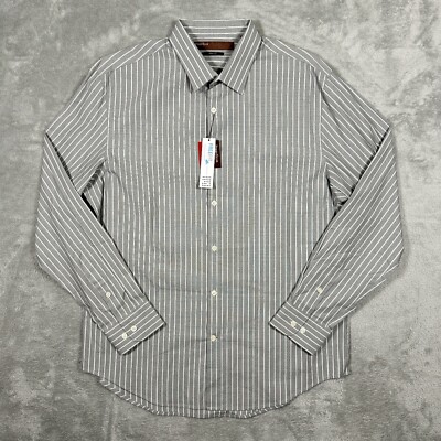 Perry Ellis Men s Large Shirt Slim Fit Gray Striped Lycra Long Sleeve NWT New