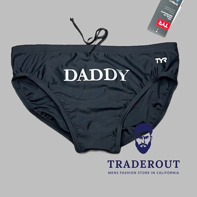 H.E.Arts DADDY logo custom print TYR mens  Black Swim Brief swimwear Size 34
