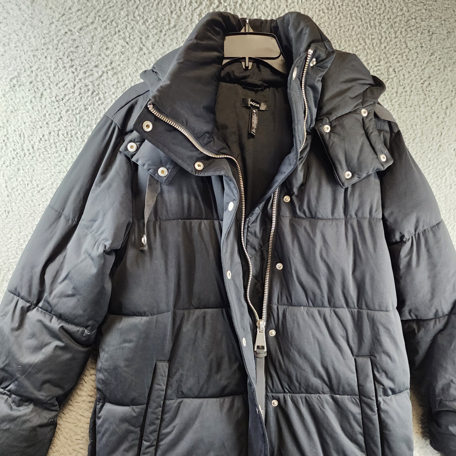AQUA Long Hooded Puffer Coat Women's Small Black Fixed Drawstring Snap Closure - Picture 4 of 12