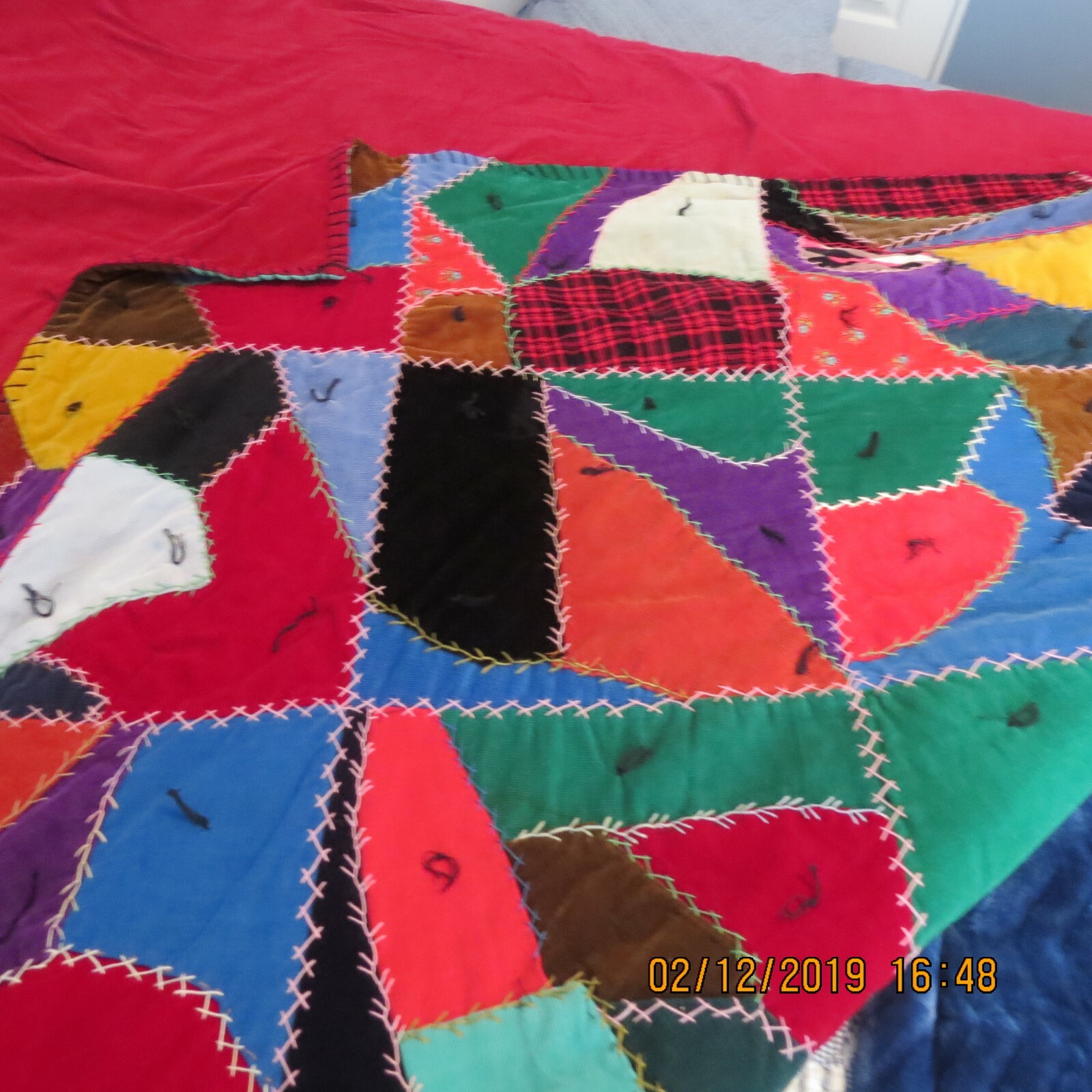 VTG.CRAZY QUILTS 1940 CORDEROY PATCH  82'' X 72'' EXTRA COLOR PIED DE POULE RARE