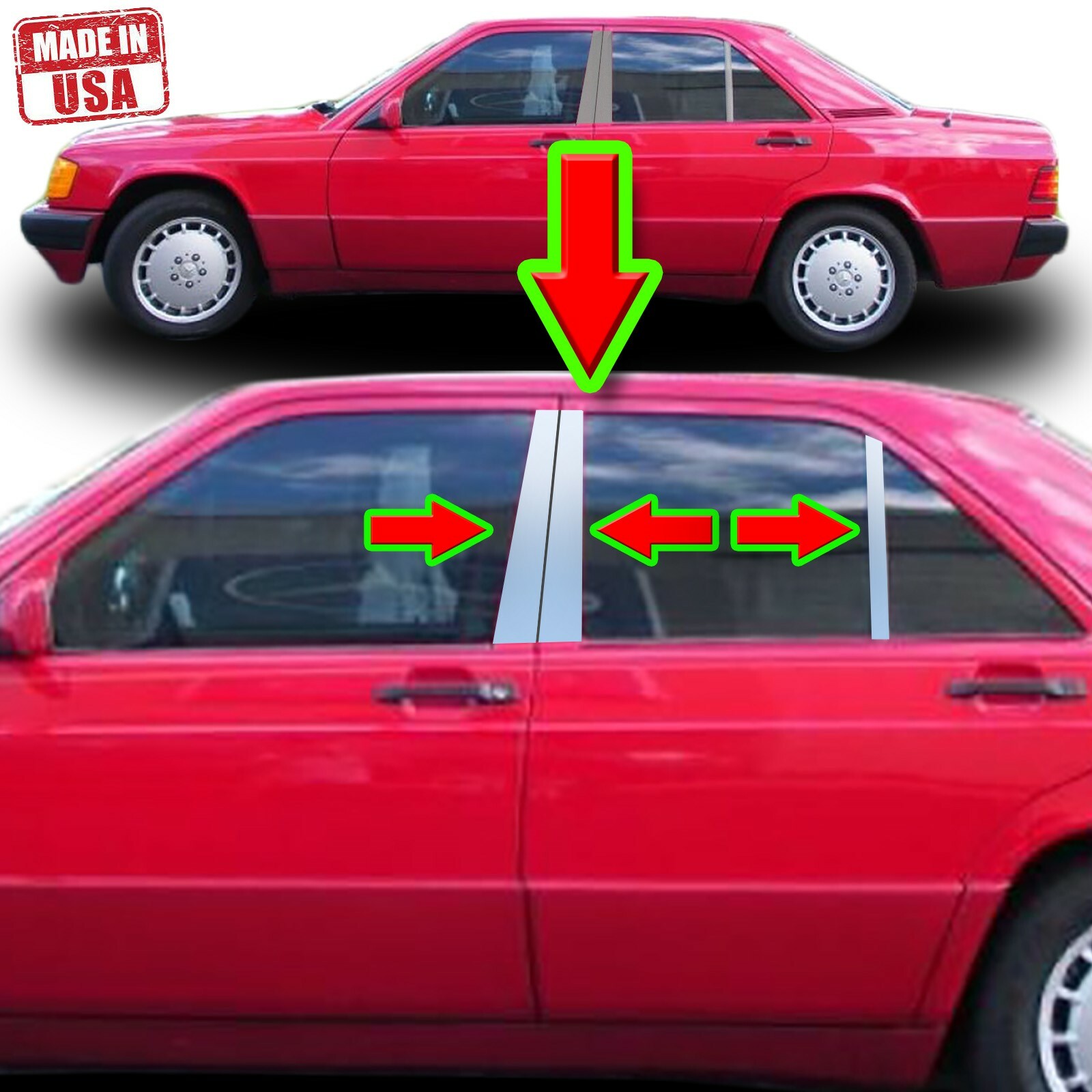 Chrome Pillar Trim for Mercedes 190E (4dr) 82-93 6pc Set Door