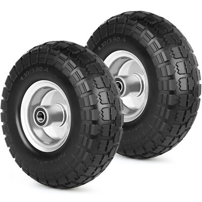 2 Pack Flat Free Rubber Tire Wheels 4.10/3.50-4'' 5/8'' Axle Bore Tires Replace