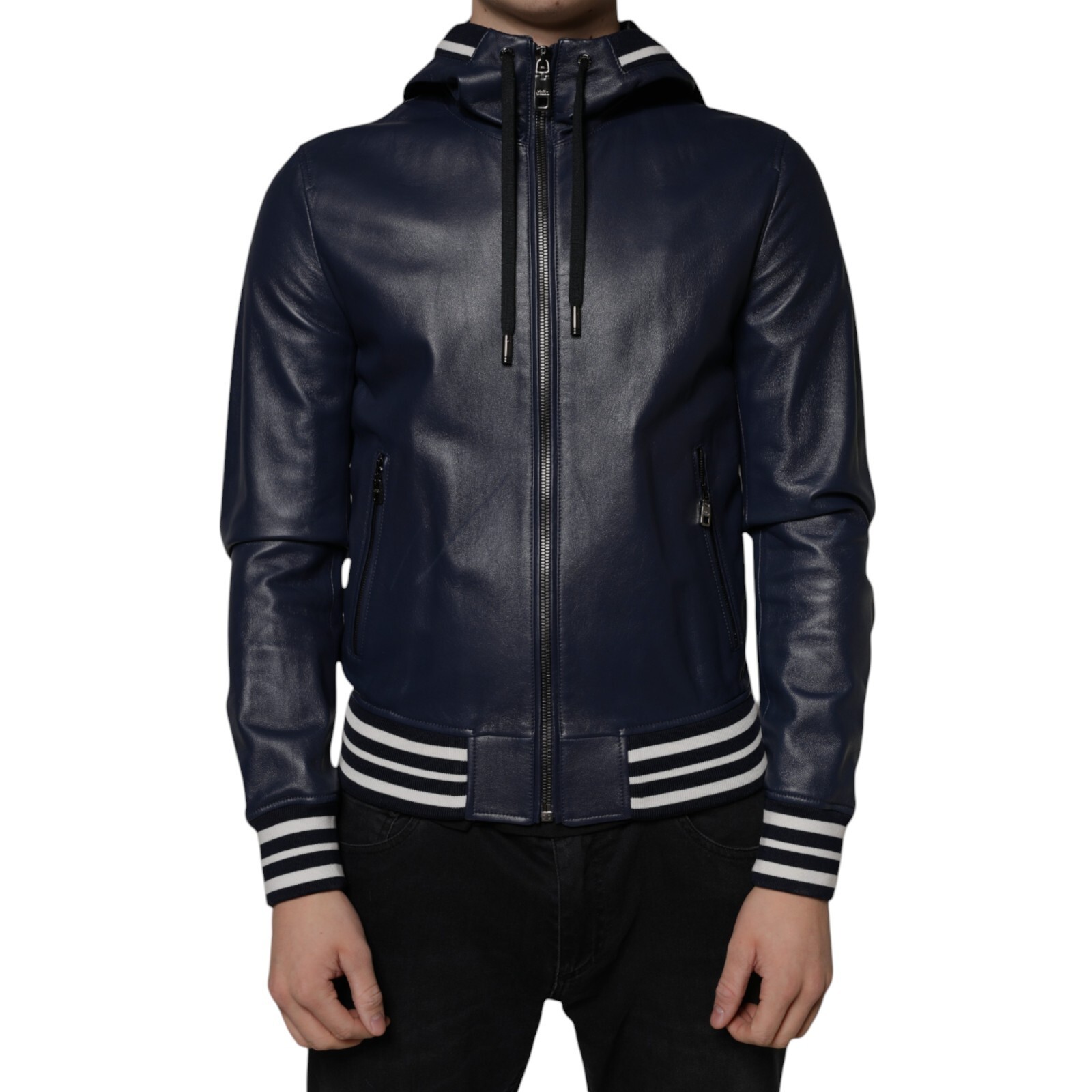 DOLCE & GABBANA Jacket Blue Leather Full Zip Hooded Bomber