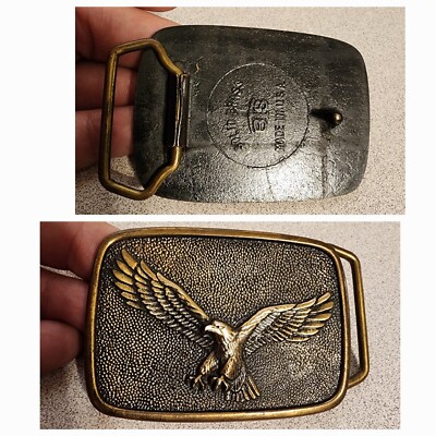 Vtg Solid Yellow Brass FLYING EAGLE Patriotic Belt Buckle Made In USA By BTS