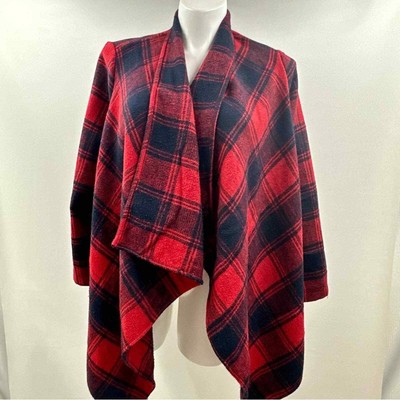 Hers & Mine Red Navy Buffalo Plaid Open Front Cardigan Sweater Jacket Women Sz L