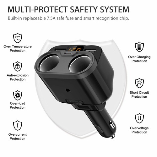 12V Car LCD Cigarette Lighter Socket Splitter Dual USB Charger Power Adapter