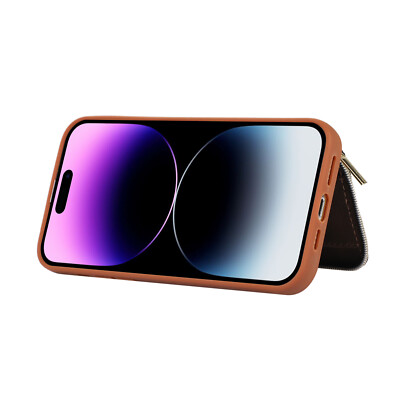 For iPhone 15 Pro Max 14 13 12 11 Zipper Pocket Leather Holder Crossbody Case