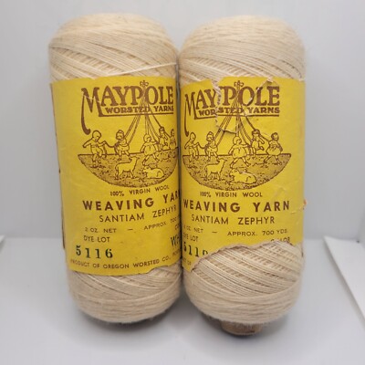 Vtg Maypole Worsted White Weaving Yarn 1400 Yards Spools 4 Oz. 100% Virgin Wool