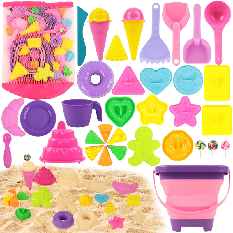 35Pcs Beach Toys Sandbox W/ Collapsible Sand Bucket& Mesh Beach Toy Bag For Kids