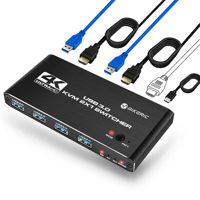 KVM Switch HDMI Box 4K 60Hz, USB Switch 2 computers, HDMI Cables and USB Cabl...