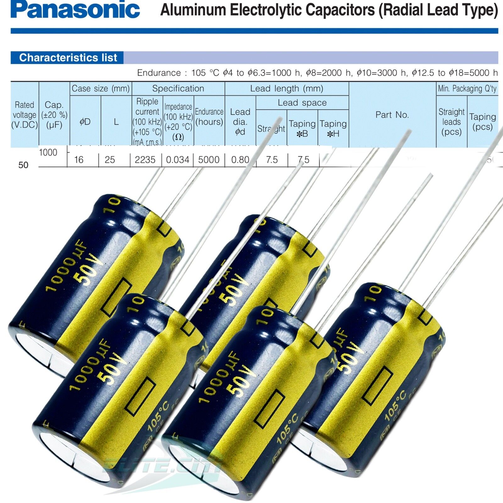 Details about / LOT OF 10 PANASONIC ECE-A1HFS102 RADIAL CAPACITOR 1000UF 50V 105C