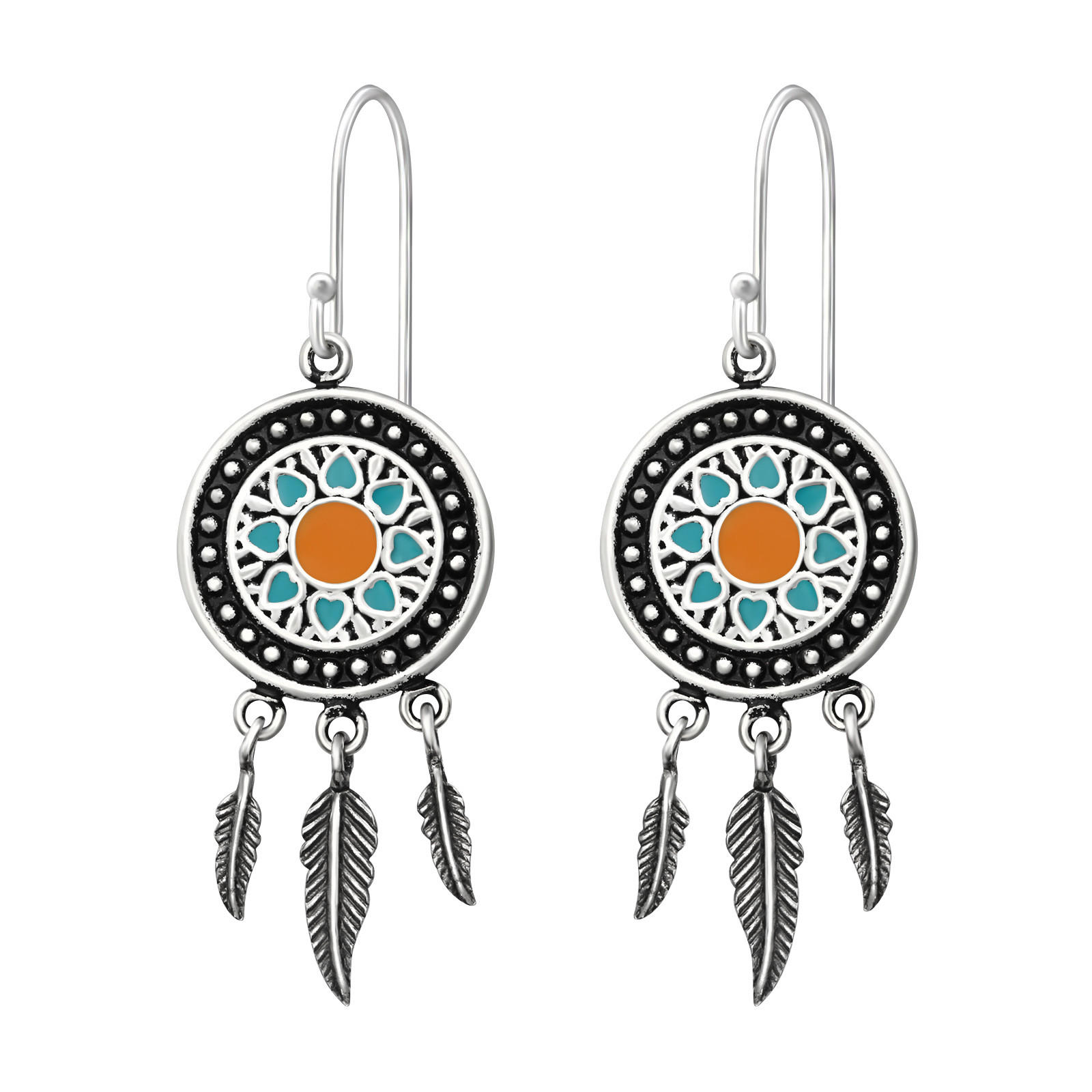 925 Sterling Silver Circle with Hanging Feathers Drop/Dangle Earrings (Design 5)