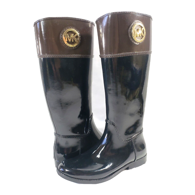 MICHAEL KORS Stockard Gloss Rubber Rain Boots Sz 10 Black Brown Tall Equestrian 