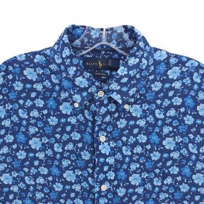 RALPH LAUREN Luxury 100% Linen Floral Button Down Shirt Light / Dark Blue MEDIUM