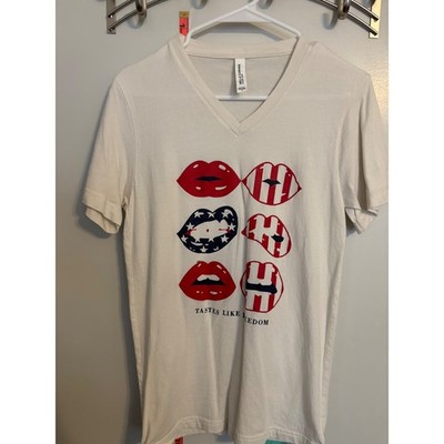 Bella Canvas Womens V-Neck T-Shirt White Tastes Like Freedom American Flag Lips