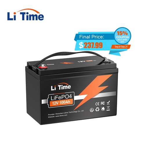 Litime 12V 100Ah LiFePO4 Lithium Battery 100A BMS for RV Off