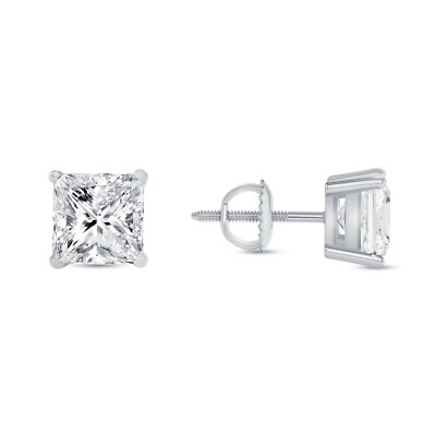 Pre-owned Shine Brite With A Diamond 4 Ct Princess Cut Real 14k White Gold Simulated Diamond Earrings Studs Screwback In White/colorless