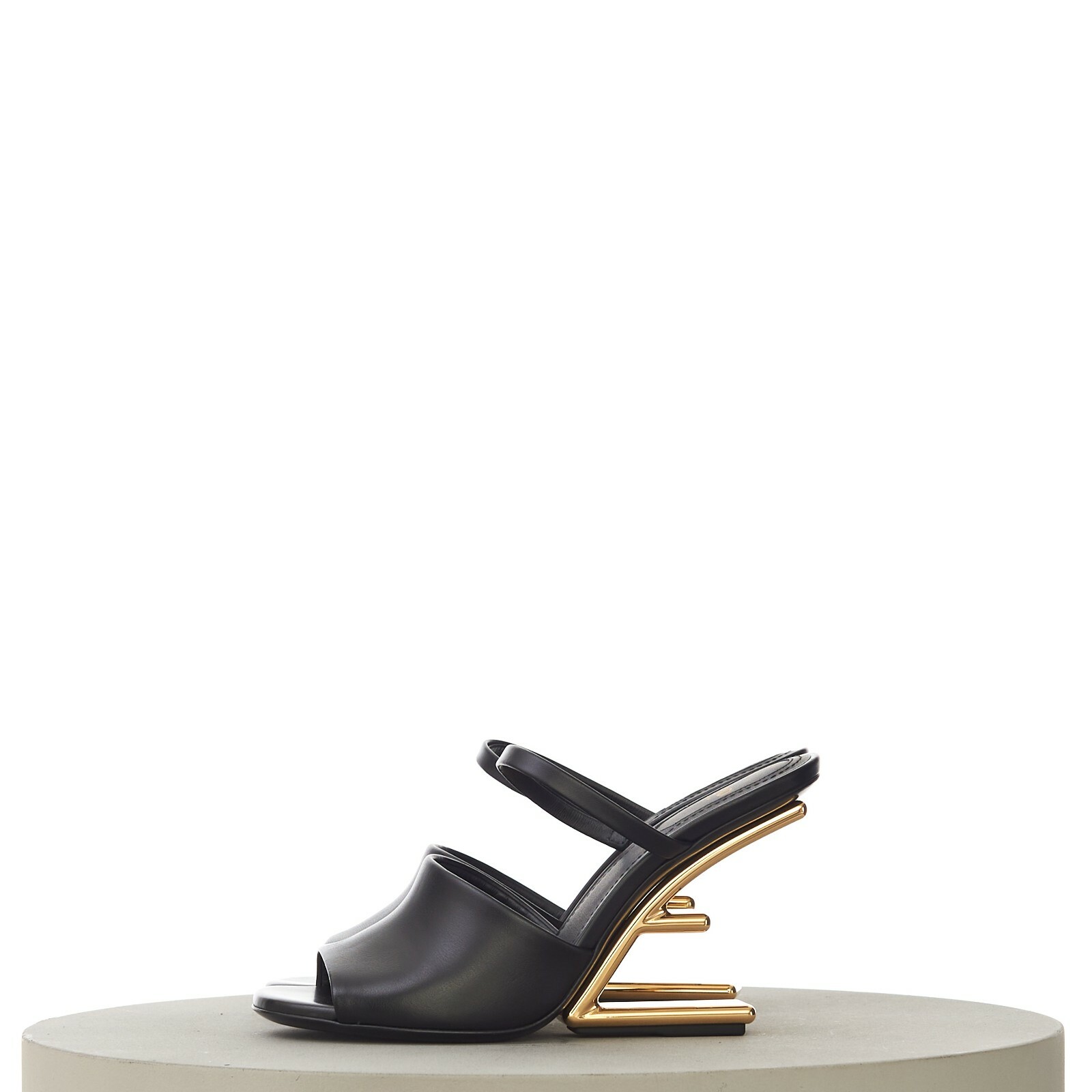 Pre-owned Fendi First 1390$ Black Leather High Heel Sandal, F-shaped Gold Metal Heel