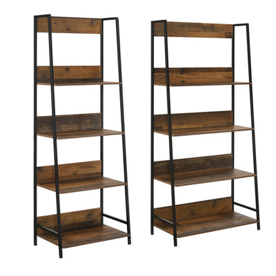 Tall Ladder Bookcase 5 Tier Shelving Unit Industrial Rustic Oak Effect