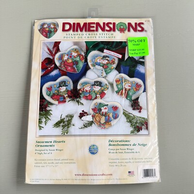 Dimensions Stamped Cross Stitch Kit Snowmen Hearts Ornaments Christmas NOS