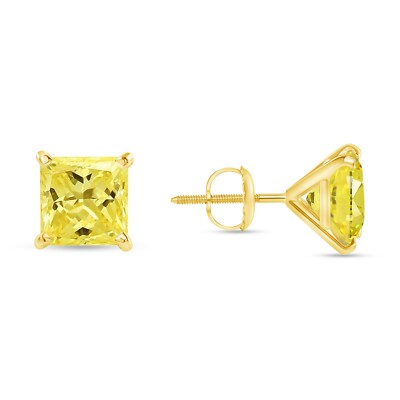 Pre-owned Shine Brite With A Diamond 6 Ct Princess Cut Canary Earrings Studs Solid 14k Yellow Gold Screw Back Martini