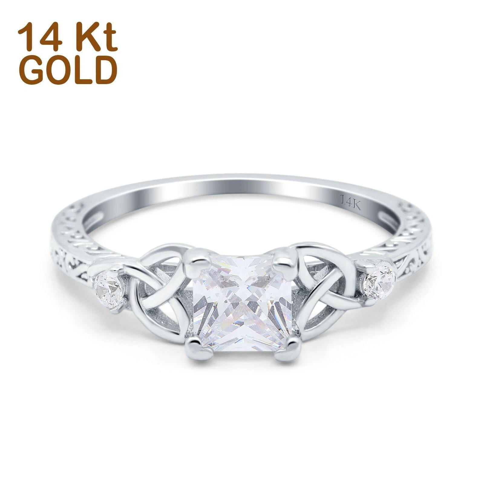 Pre-owned Blueappleco 14k White Gold Cushion Celtic Art Deco Engagement Ring Simulated Cubic Zirconia