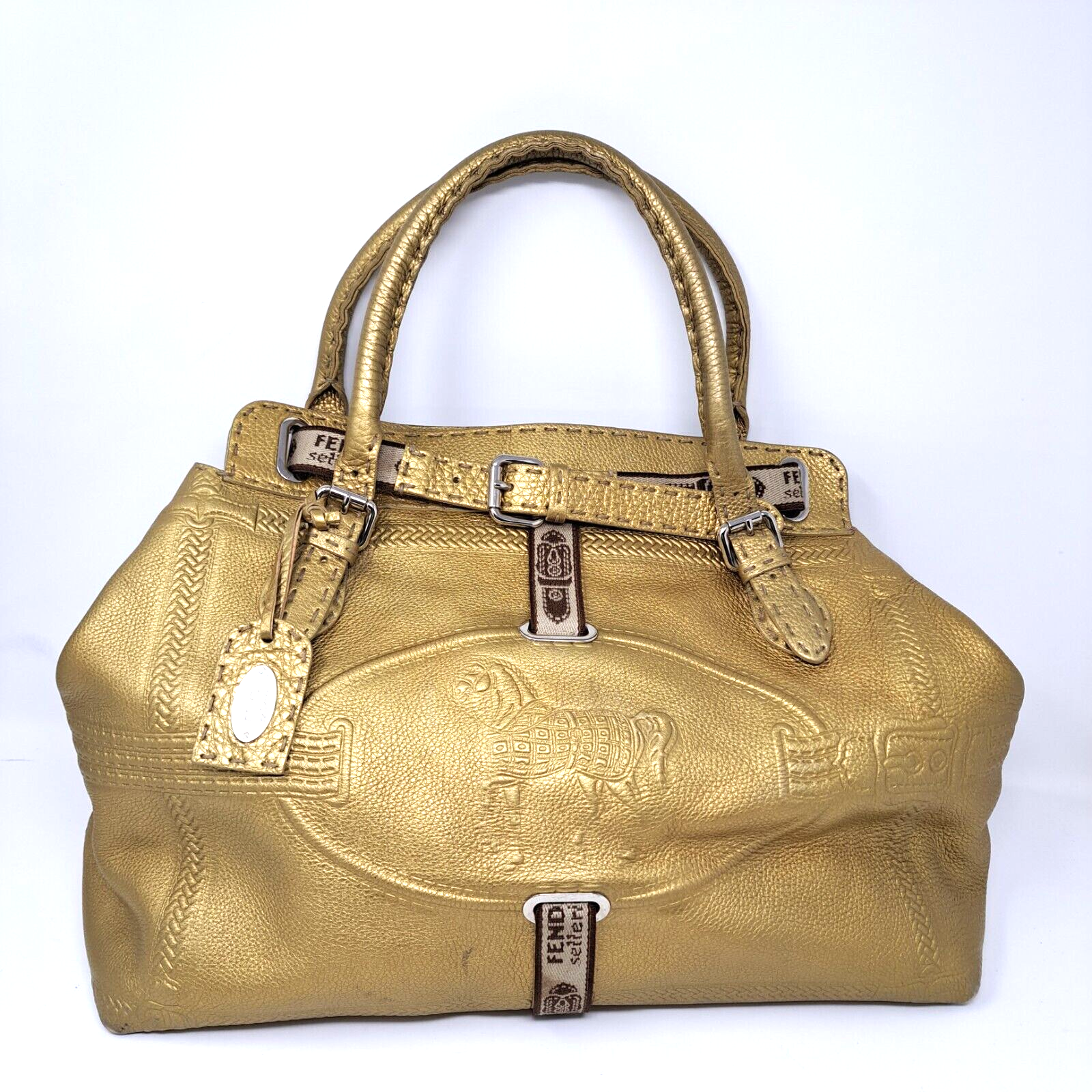 FENDI Selleria Villa Borghese Tote Gold Pebbled Calfskin Leather